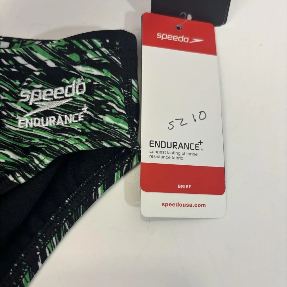 NWT Speedo Endurance+‎ Swim Brief Bottom Boys 26 / 10 Green Black Swim Suit